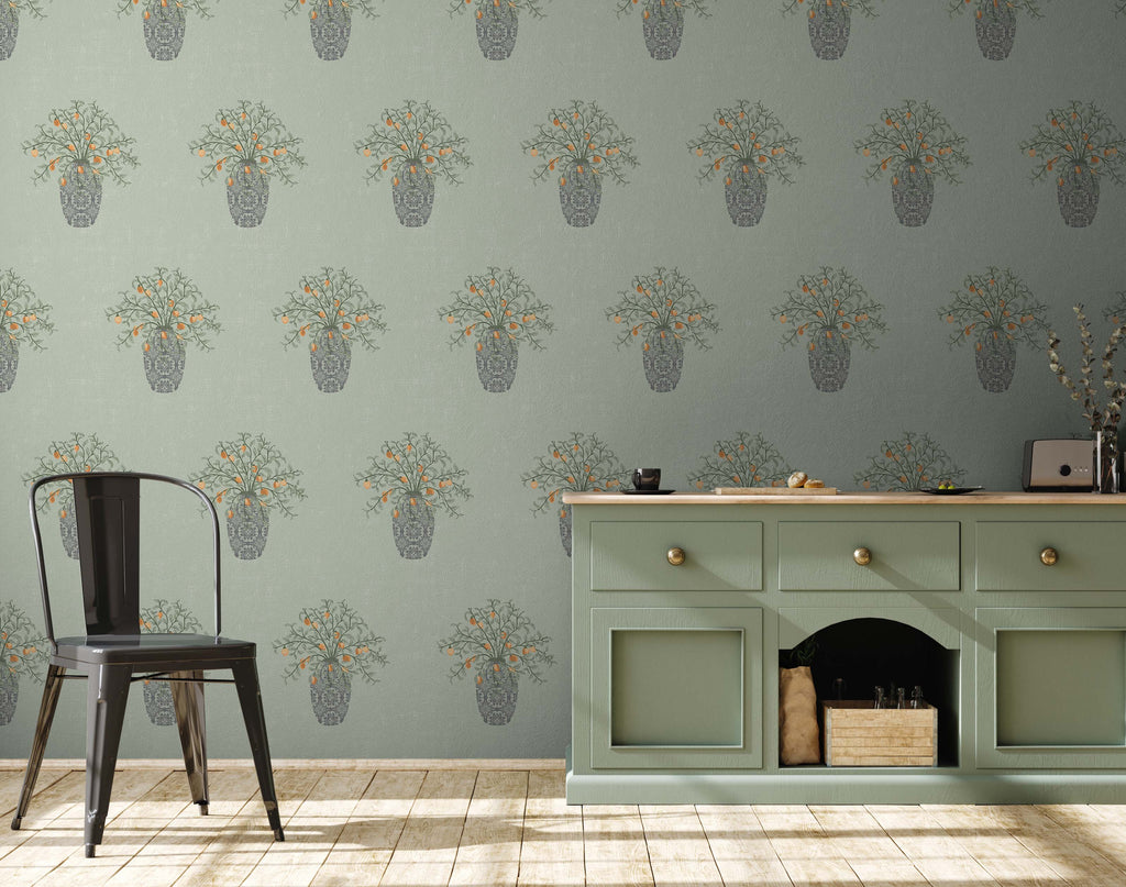Alessa Botanical Wallpaper in Olive-Green and Orange