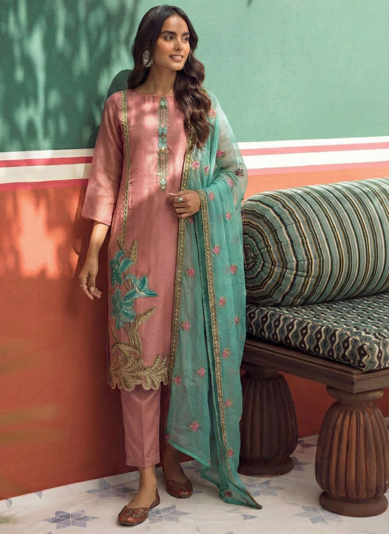 Peach Organza Party Wear Suit with Gota Patti and Embroidery
