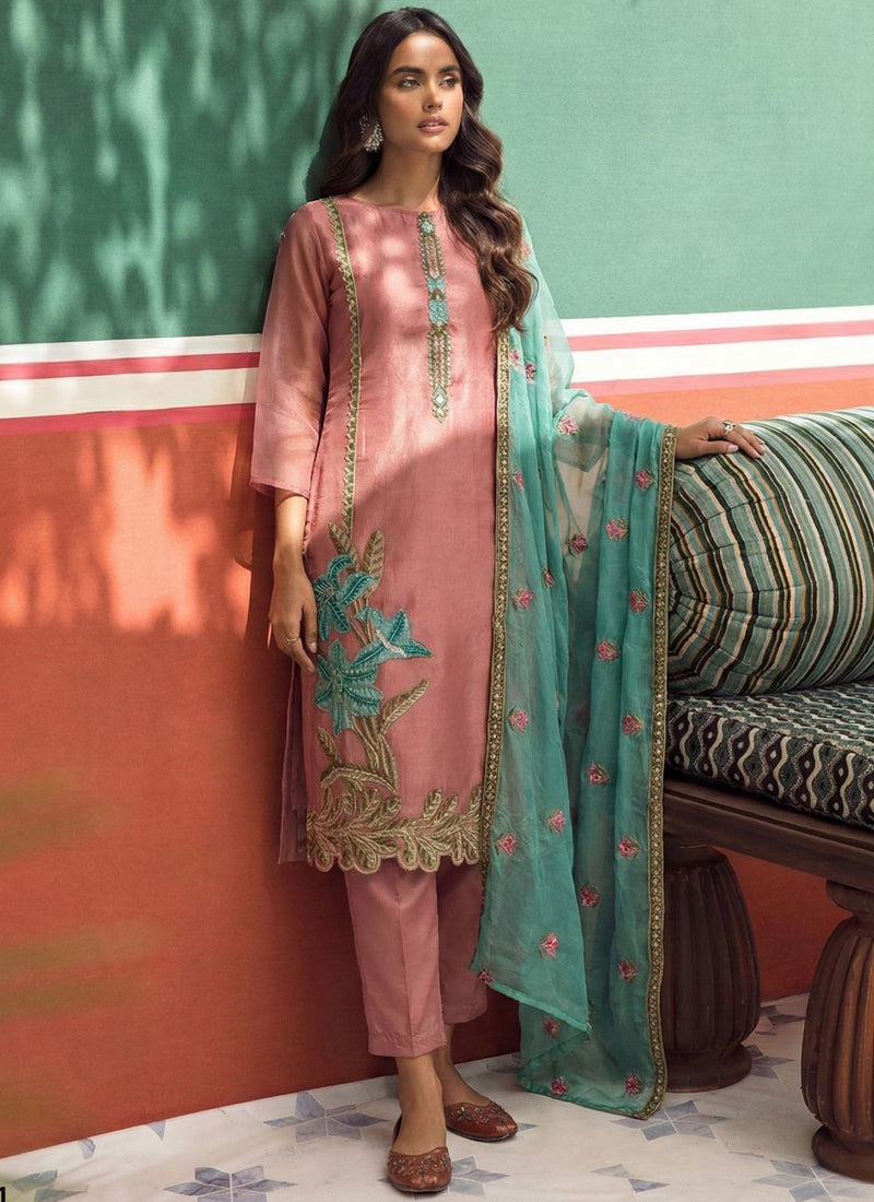 Peach organza party wear suit with detailed gota patti embroidery for festive occasions