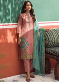 Peach organza party wear suit with detailed gota patti embroidery for festive occasions