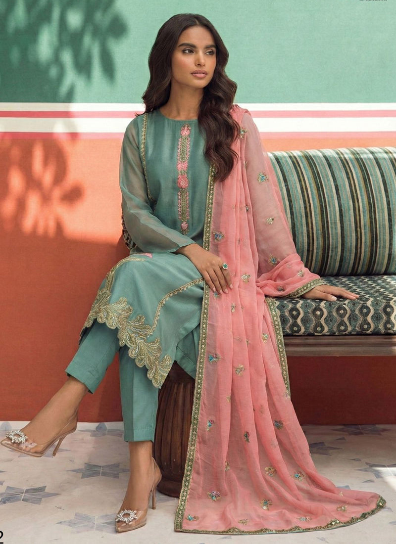 Sky Blue Organza Zari Party Wear Suit with Gota Patti Embroidery