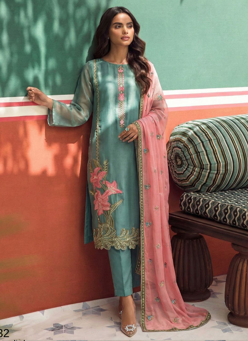 Sky blue organza party wear suit with intricate gold zari and gota patti embroidery
