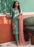 Sky blue organza party wear suit with intricate gold zari and gota patti embroidery