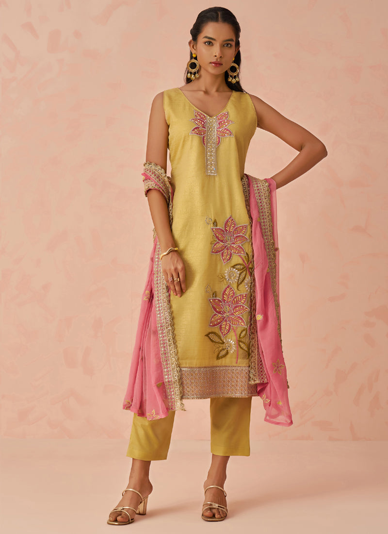 Yellow Crush Embroidered A-Line Salwar Suit with Dupatta