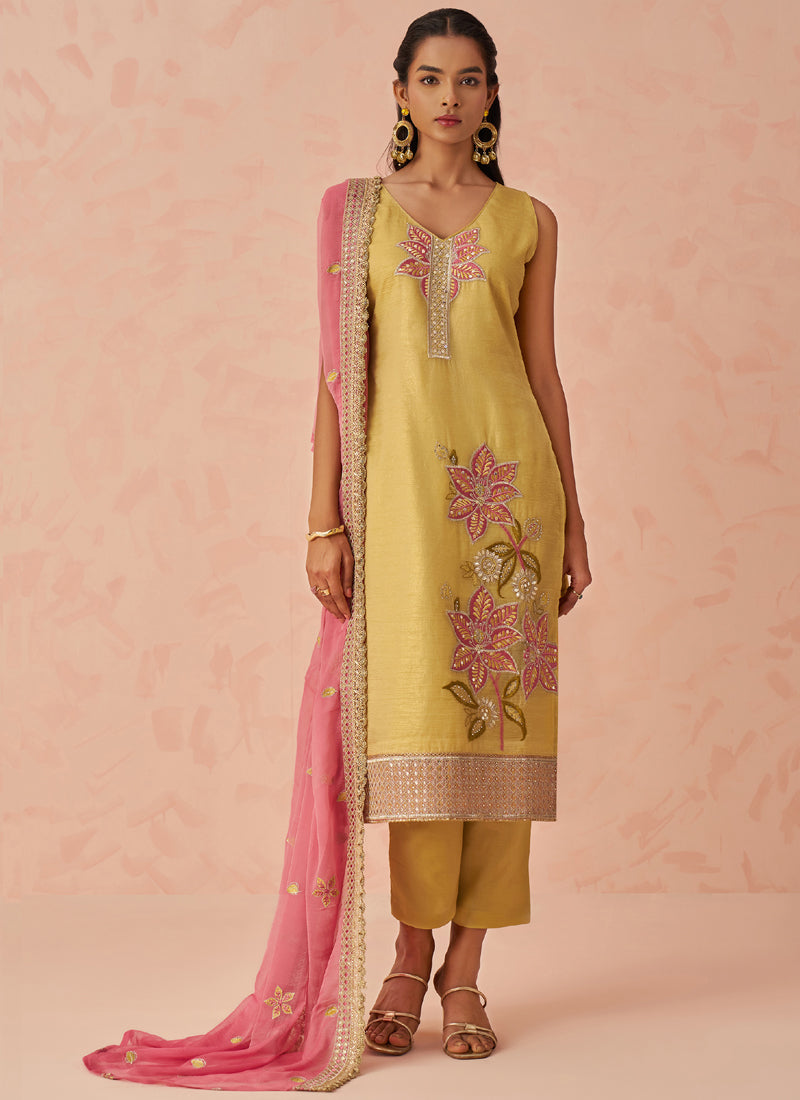 Yellow Crush Embroidered A-Line Salwar Suit with Dupatta