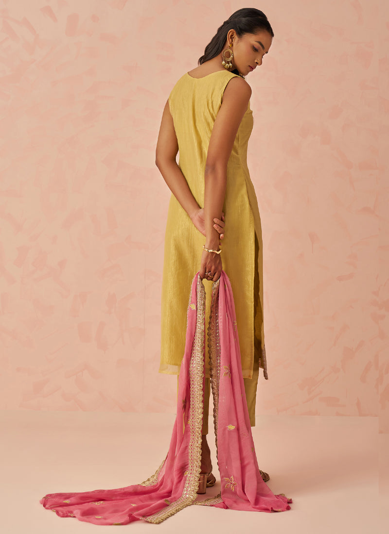 Yellow Crush Embroidered A-Line Salwar Suit with Dupatta