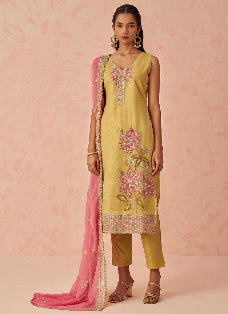Yellow A-line Salwar Suit with intricate embroidery and matching dupatta