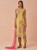 Yellow A-line Salwar Suit with intricate embroidery and matching dupatta