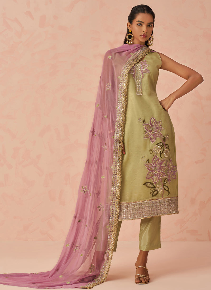 Gold Fancy Crush Embroidered Salwar Suit Set