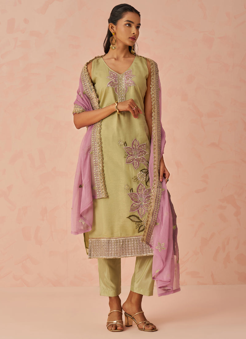 Gold Fancy Crush Embroidered Salwar Suit Set