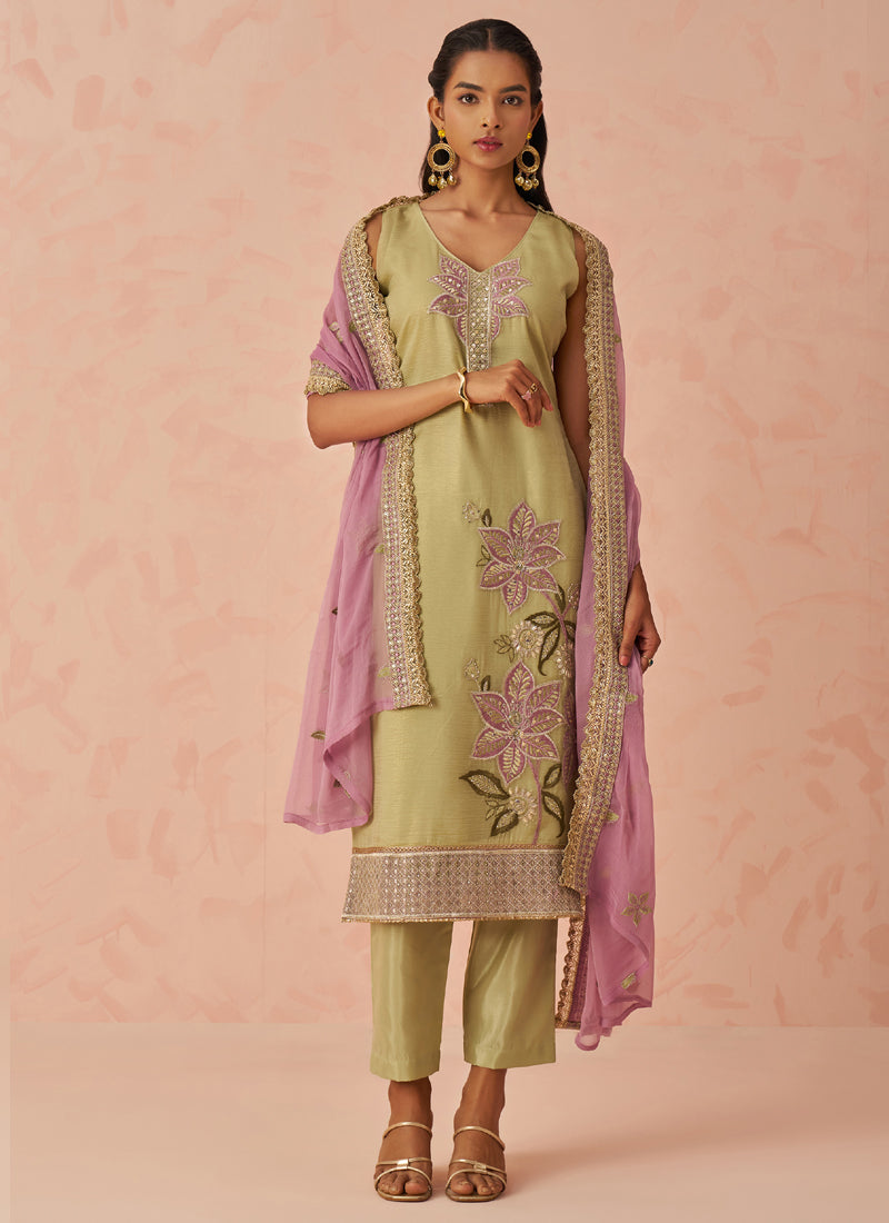 Luxurious gold fancy crush A-line kurta with intricate embroidery and matching dupatta.