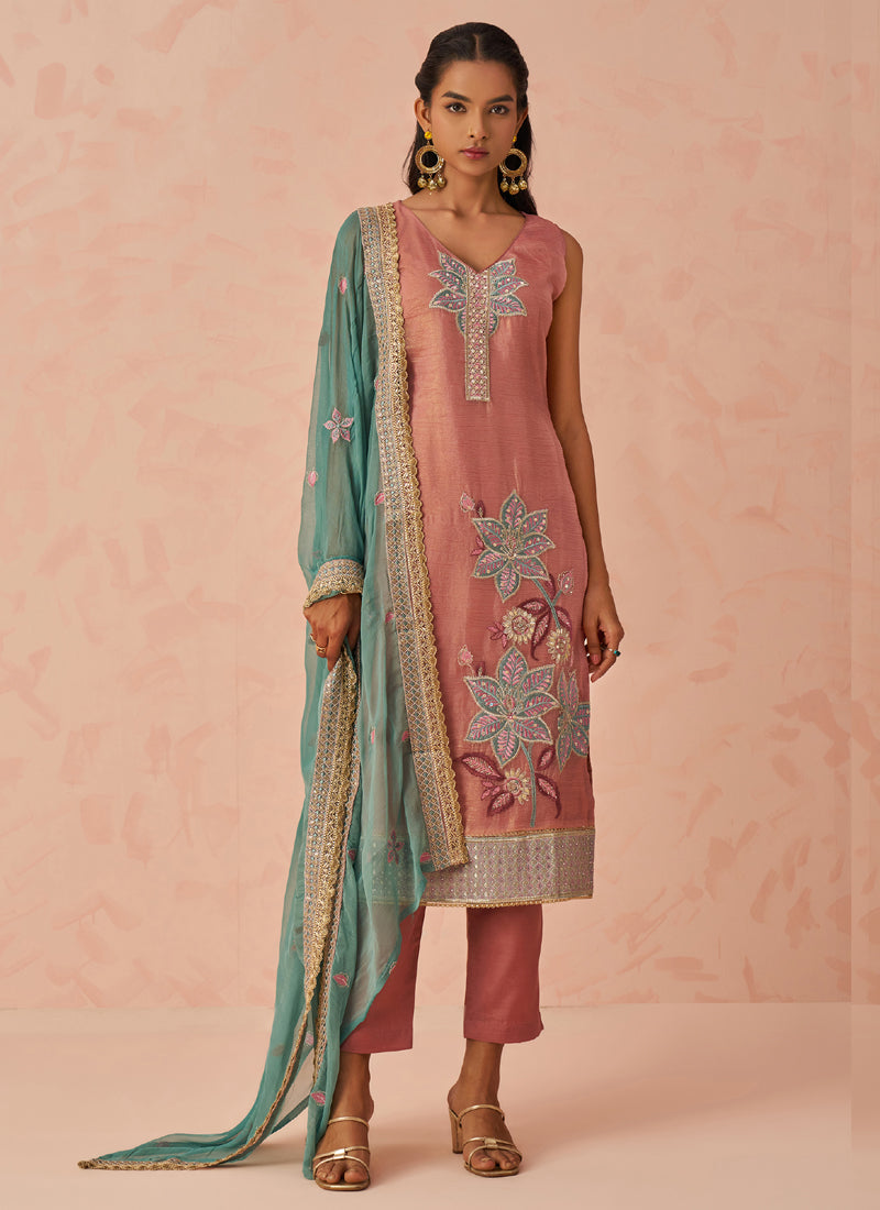 Peach crush fabric embroidered salwar suit