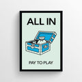 Modern Monopoly-themed poster featuring a treasure chest of money bags in blue, white, and mint-green.
