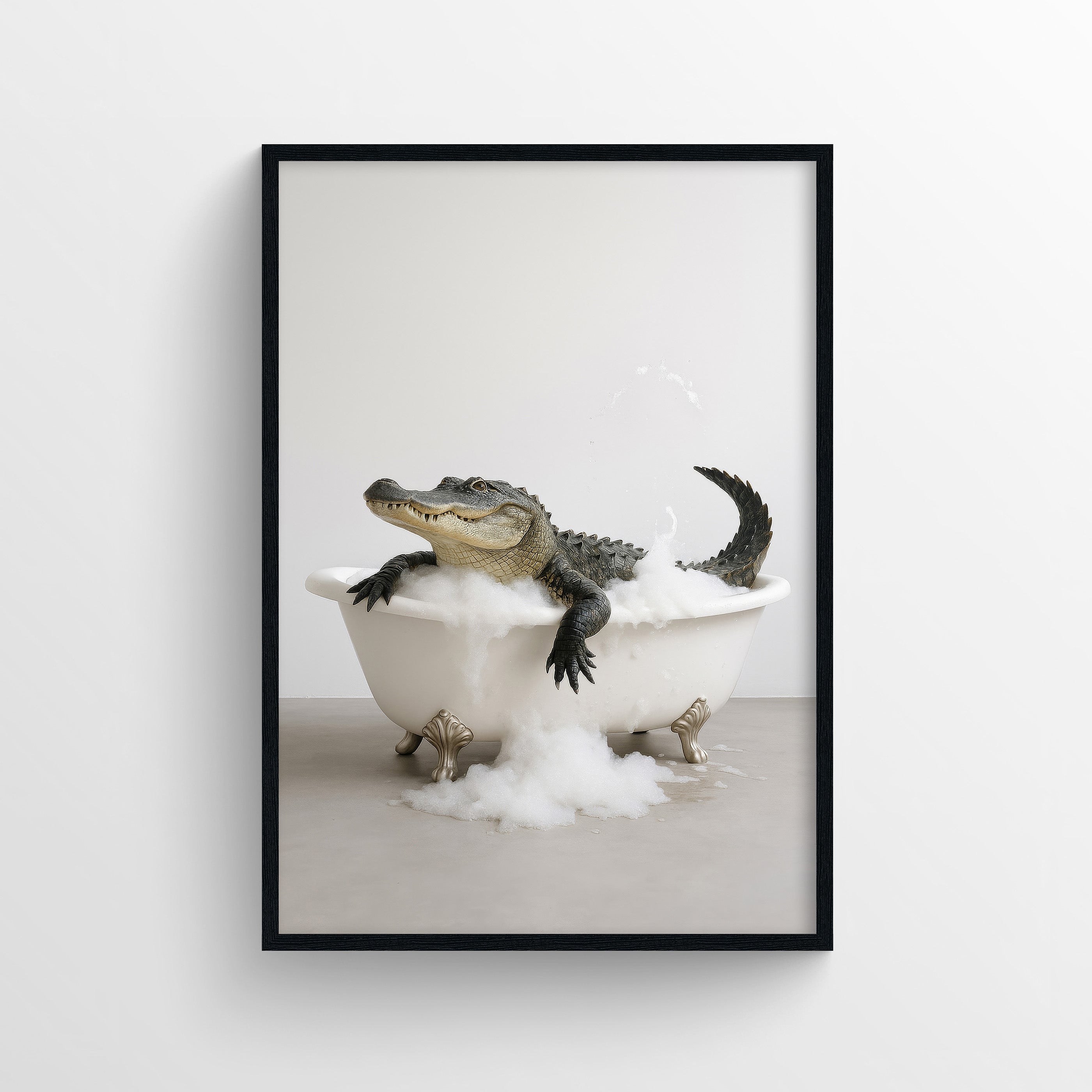 A photorealistic alligator resting in a white clawfoot bathtub surrounded by soap foam against a neutral background.