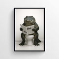 Photorealistic poster featuring an alligator sitting on a toilet reading a newspaper