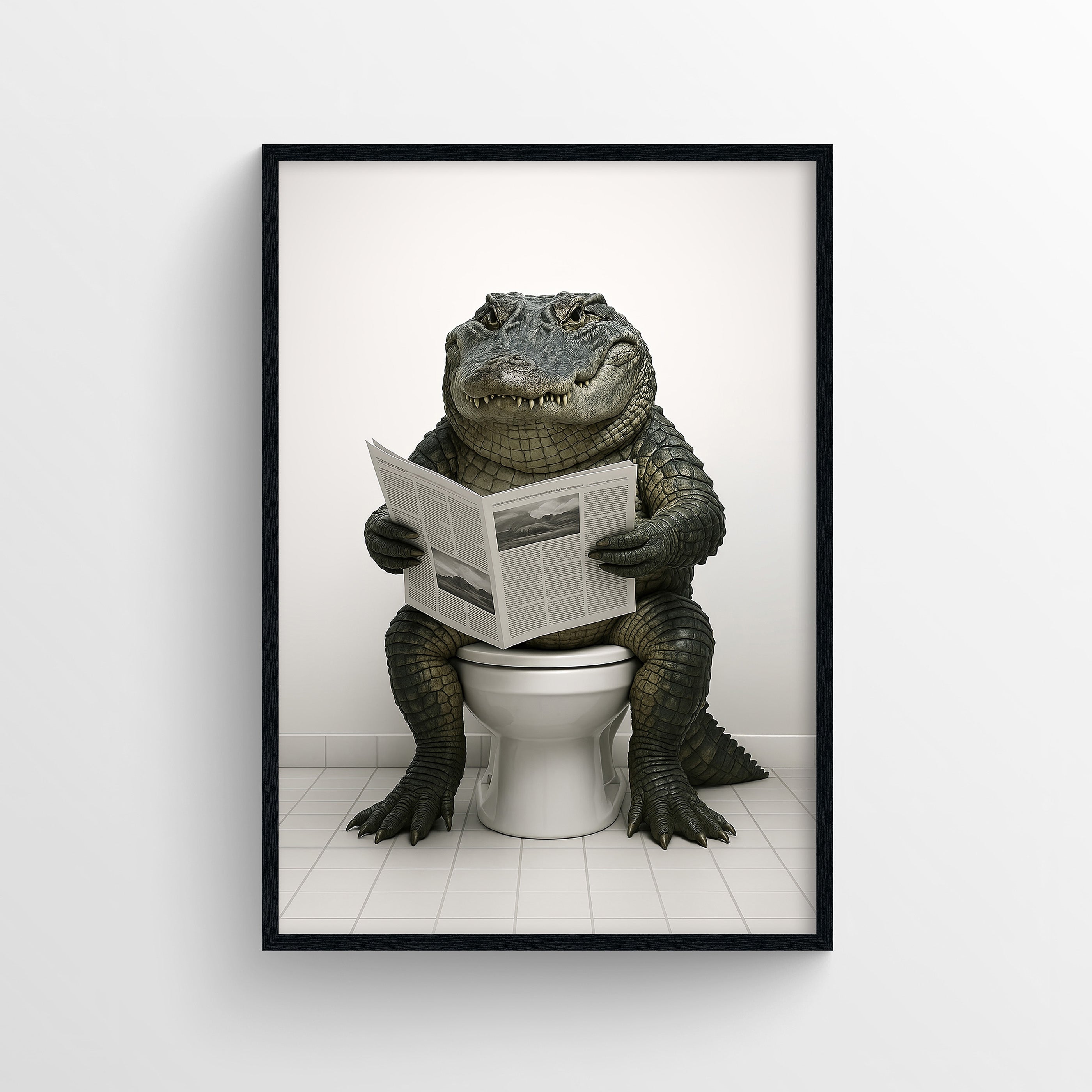 Photorealistic poster featuring an alligator sitting on a toilet reading a newspaper