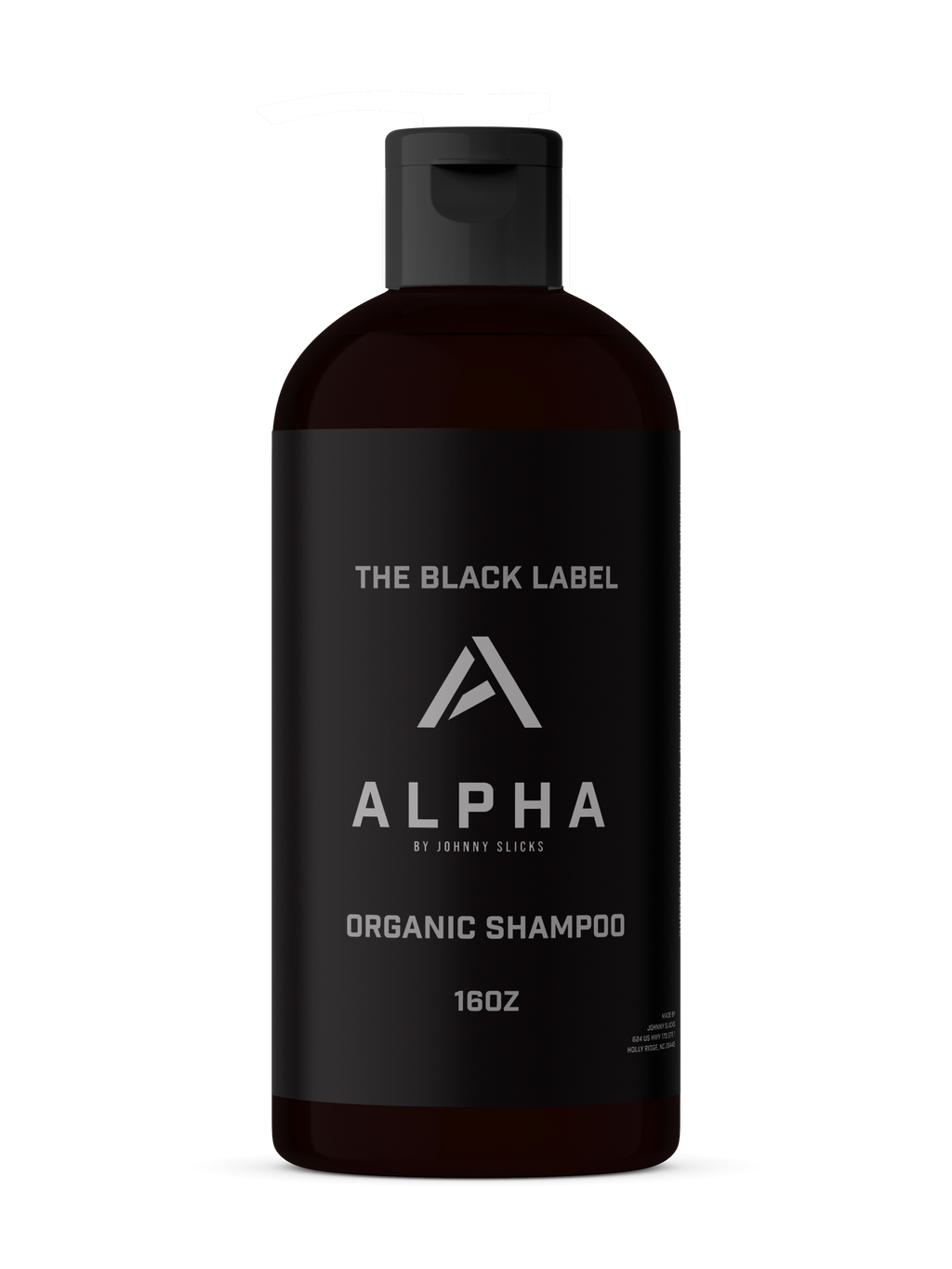 Bottle of Alpha Organic Shampoo 16oz in a matte black container