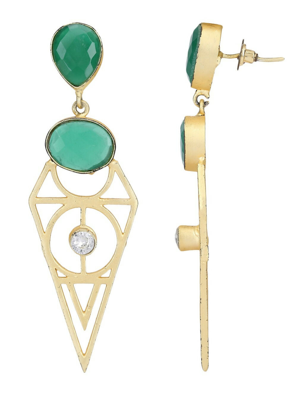 Green Stone Matte Gold Drop Earrings for Traditional Wear