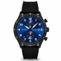 The Altitude watch in Matte Black and Cobalt colorway featuring a 43mm diameter face.