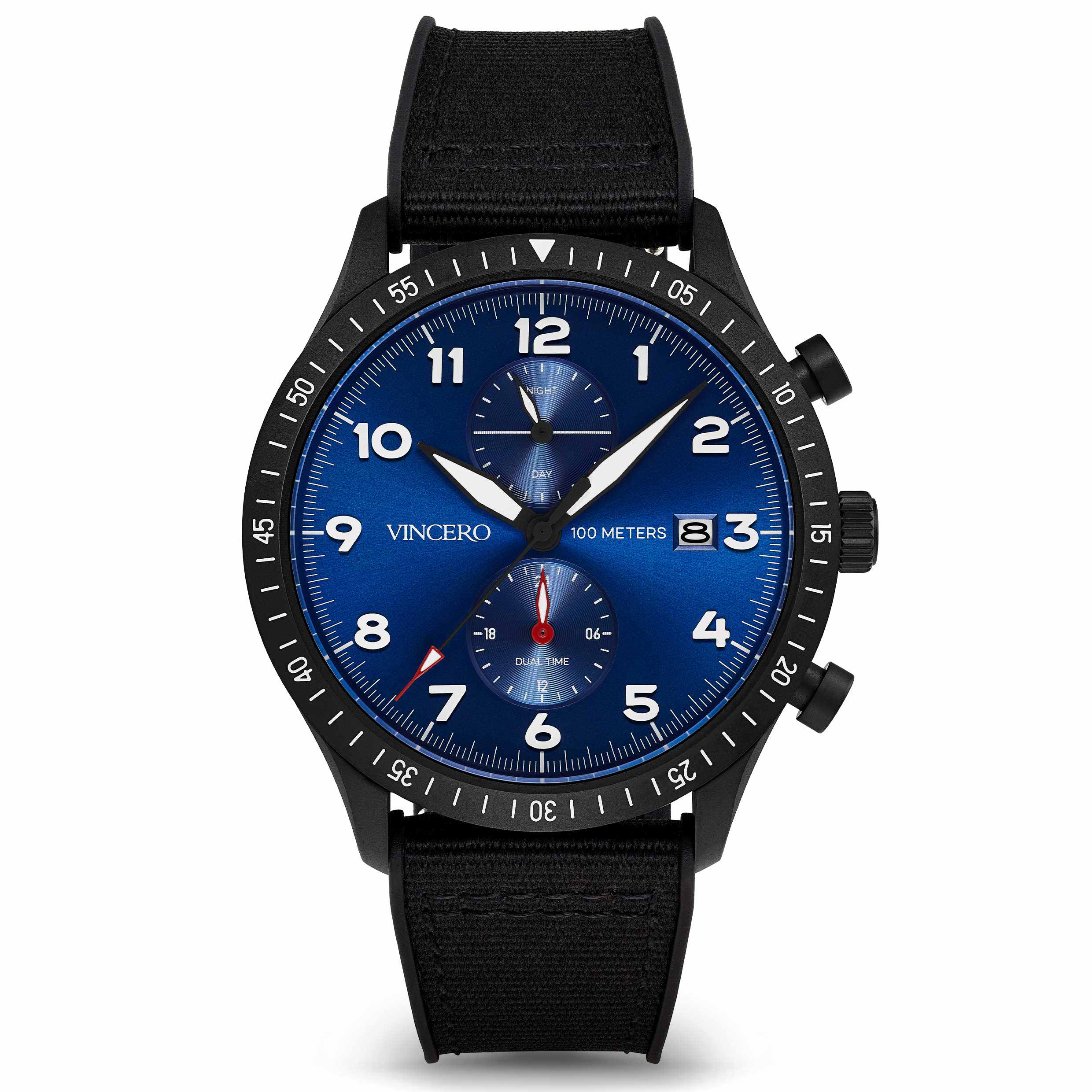The Altitude watch in Matte Black and Cobalt colorway featuring a 43mm diameter face.
