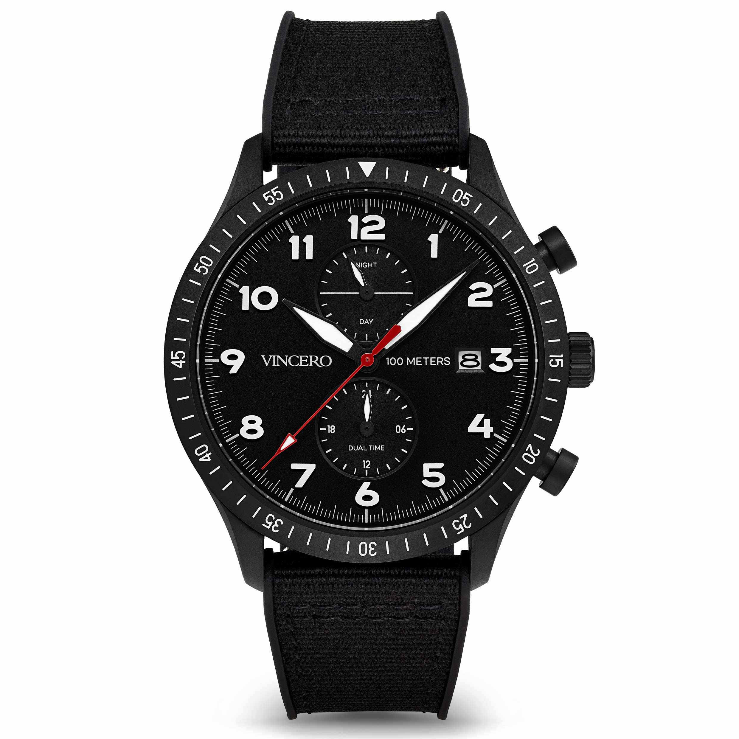 Vincero Collective The Altitude pilot watch in matte black finish with red accents on a neutral background