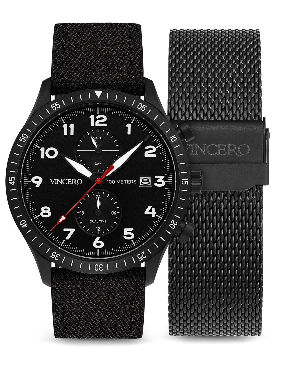 Front view of the Vincero Collective Altitude Set in Matte Black and Red colors