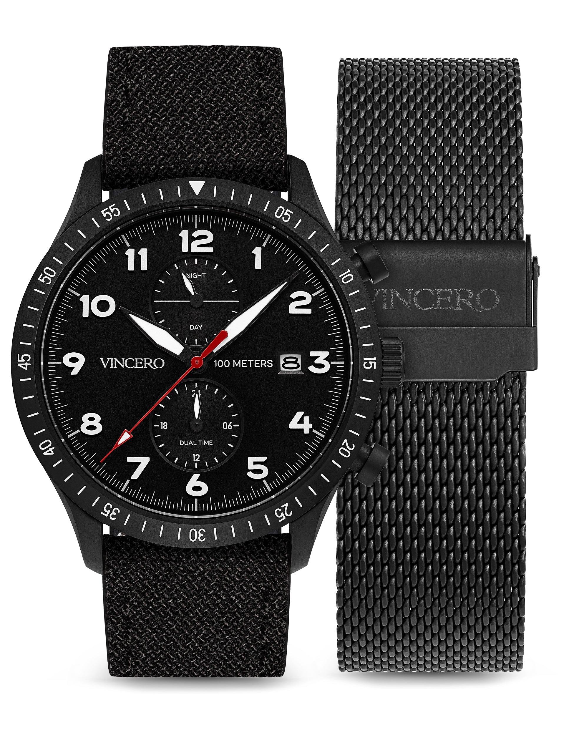 Front view of the Vincero Collective Altitude Set in Matte Black and Red colors