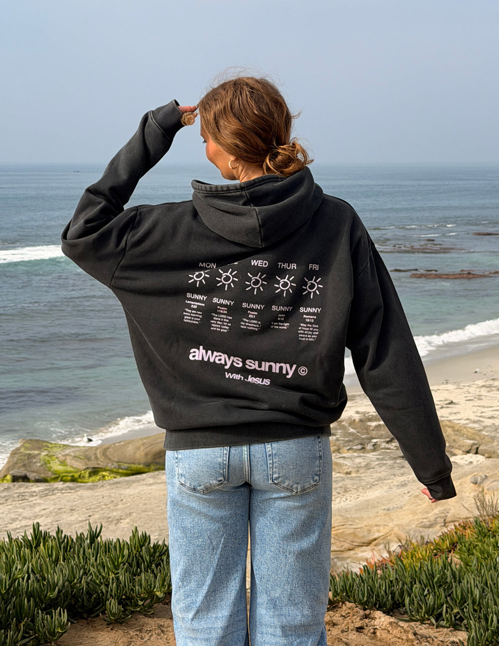 Always Sunny With Jesus black unisex hoodie with religious graphic print