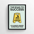 Minimalist Monopoly-style poster featuring a yellow construction sign and worker icon on a mint-green background.