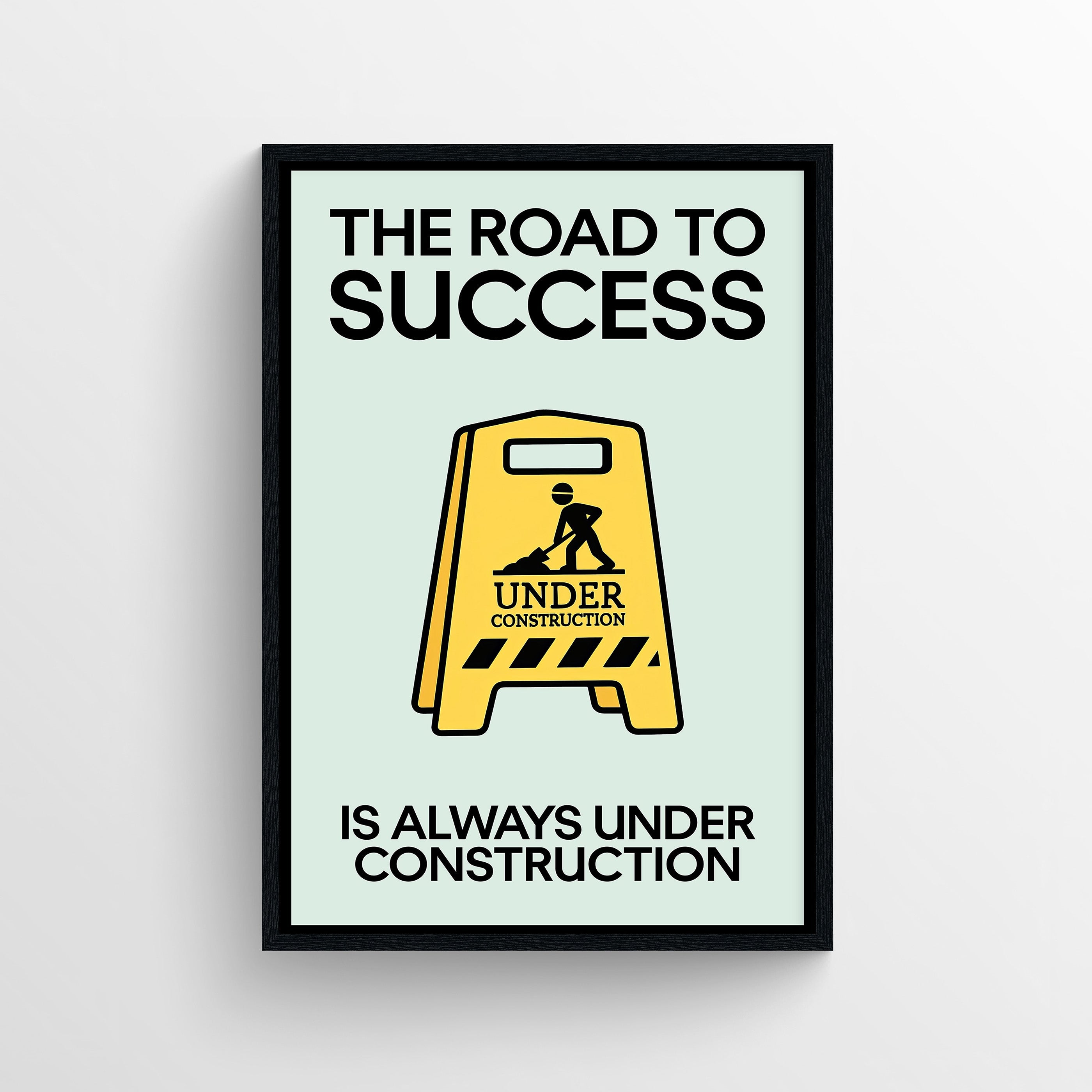 Minimalist Monopoly-style poster featuring a yellow construction sign and worker icon on a mint-green background.