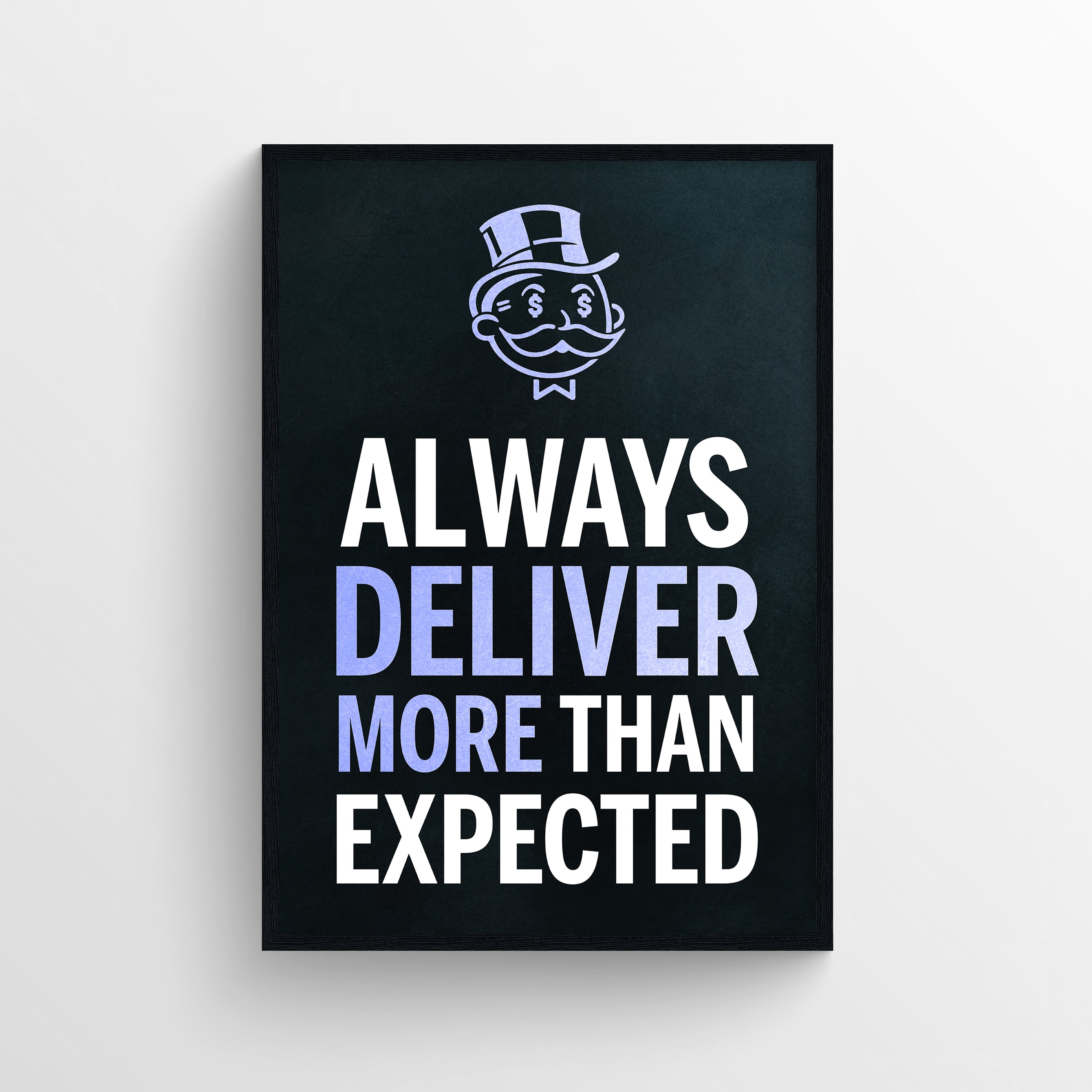Motivational poster with text 'Always Deliver More Than Expected' and a logo on a black background.