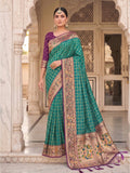 Beautiful Rama Green Banarasi silk blend saree, showcasing intricate fabric texture