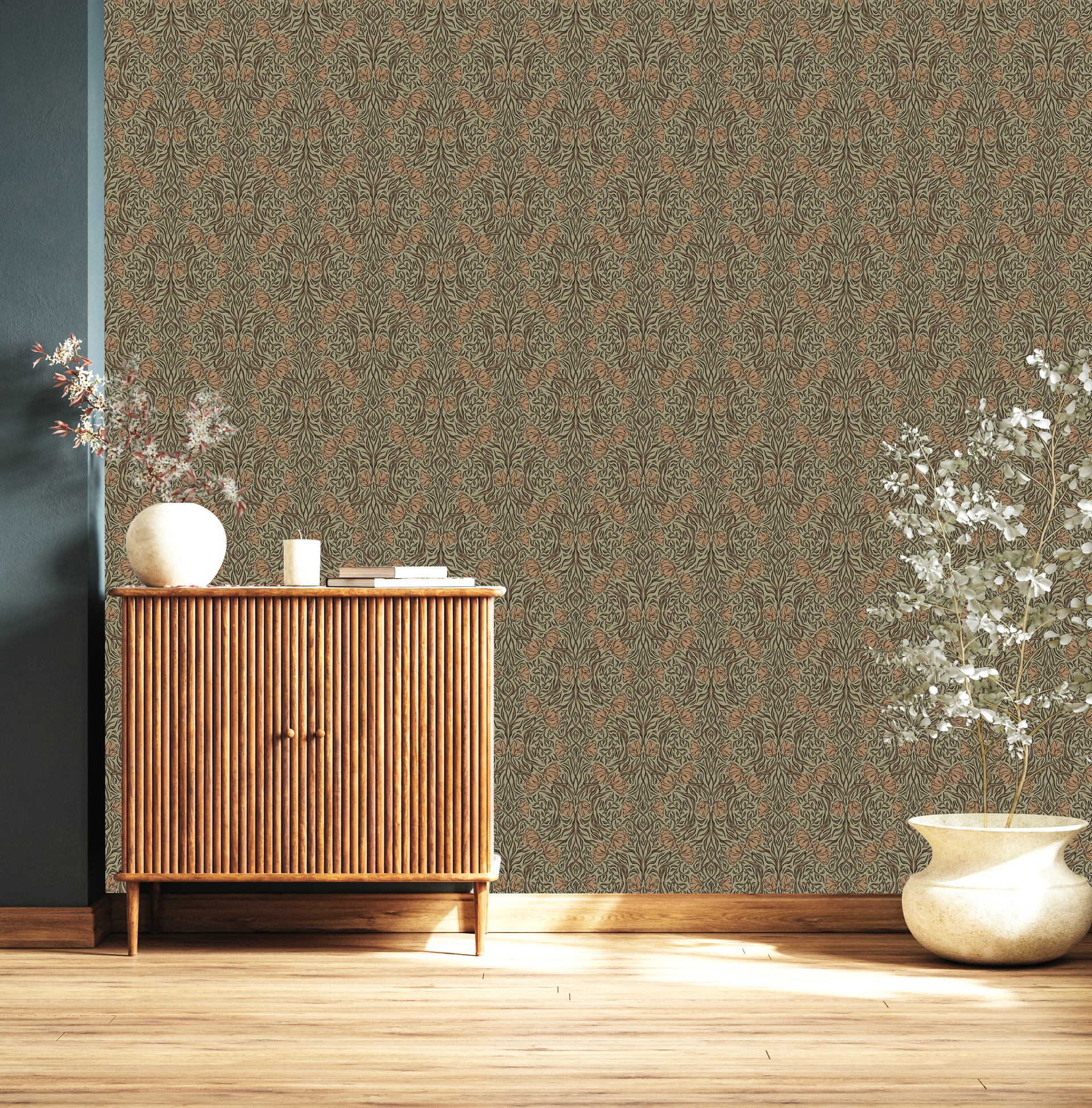 Amberly Floral Wallpaper: Traditional Botanical Green & Cream