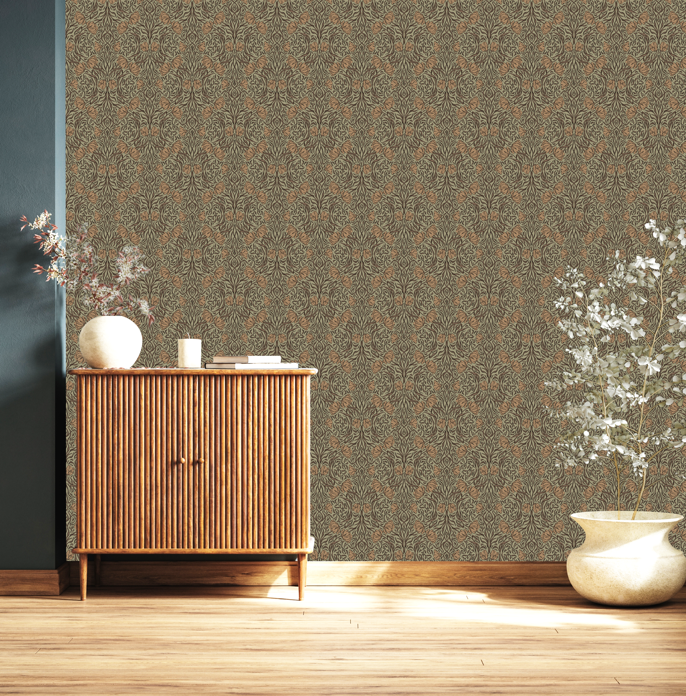 Amberly Floral Wallpaper: Traditional Botanical Green & Cream