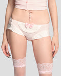 Kitty Maid Bloomers featuring sheer mesh, scalloped ruffles, and a pastel pink bow detail