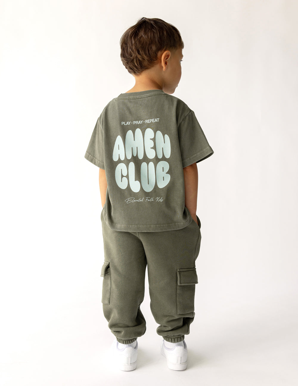 Amen Club Kids Graphic Tee in Olive Green and White