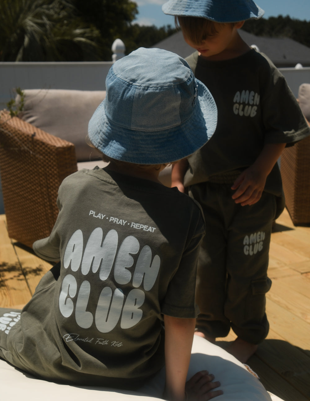 Kids graphic t-shirt in olive green and white, Amen Club collection.