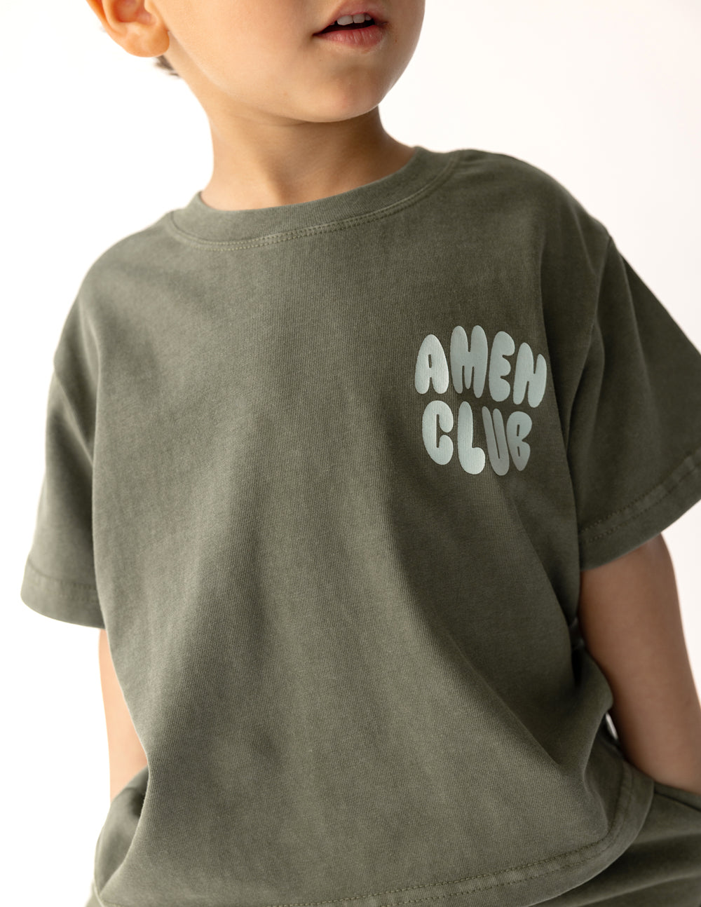 Amen Club Kids Graphic Tee in Olive Green and White