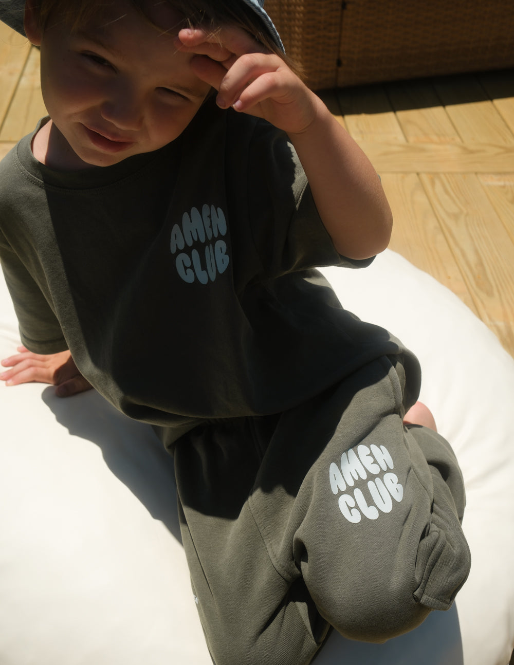 Amen Club Kids Graphic Tee in Olive Green and White