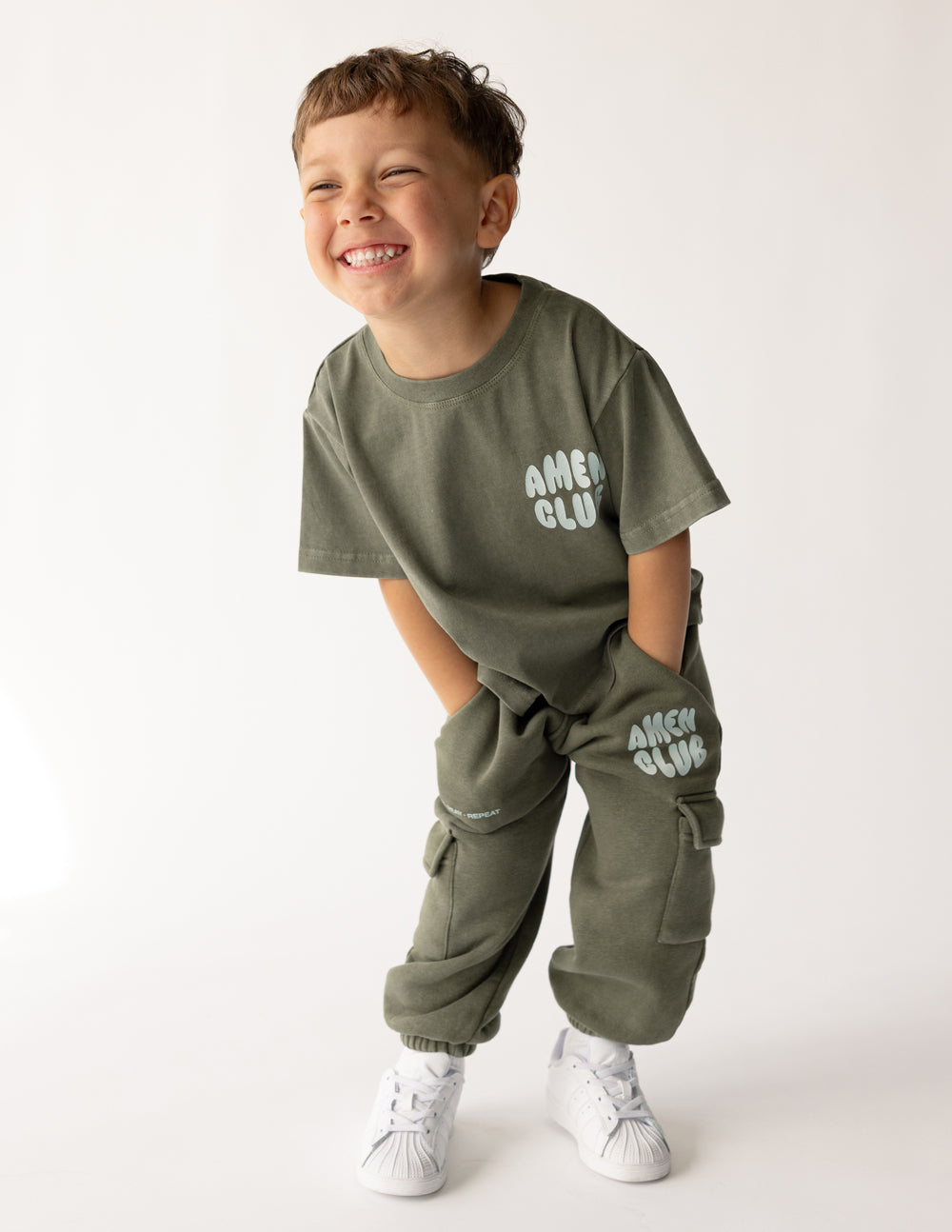 Amen Club Kids Graphic Tee in Olive Green and White