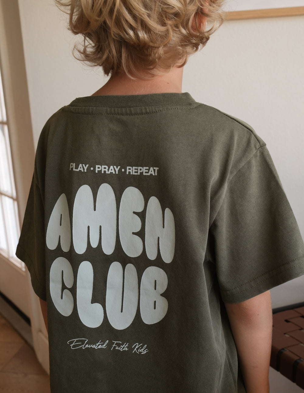 Amen Club Kids Graphic Tee in Olive Green and White