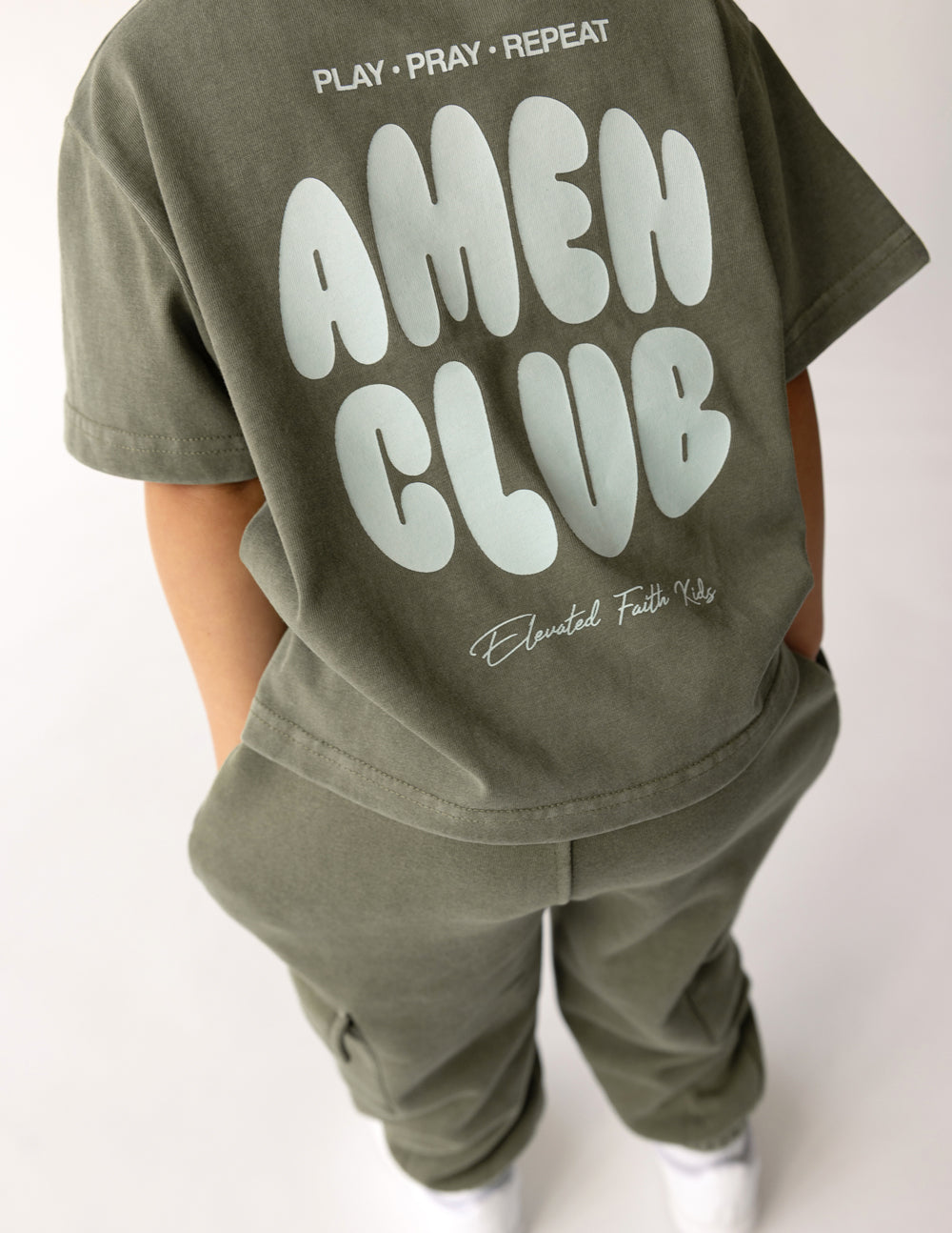 Amen Club Kids Graphic Tee in Olive Green and White