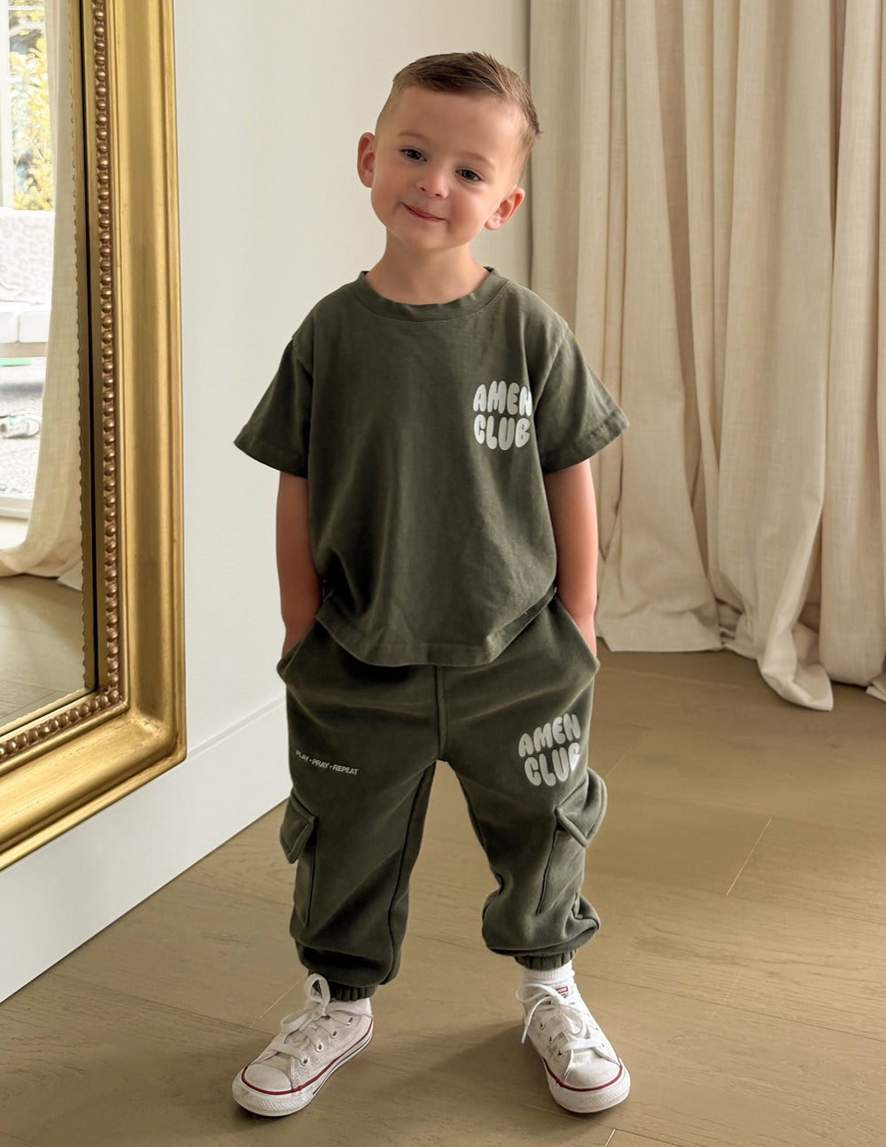 Amen Club Kids Graphic Tee in Olive Green and White