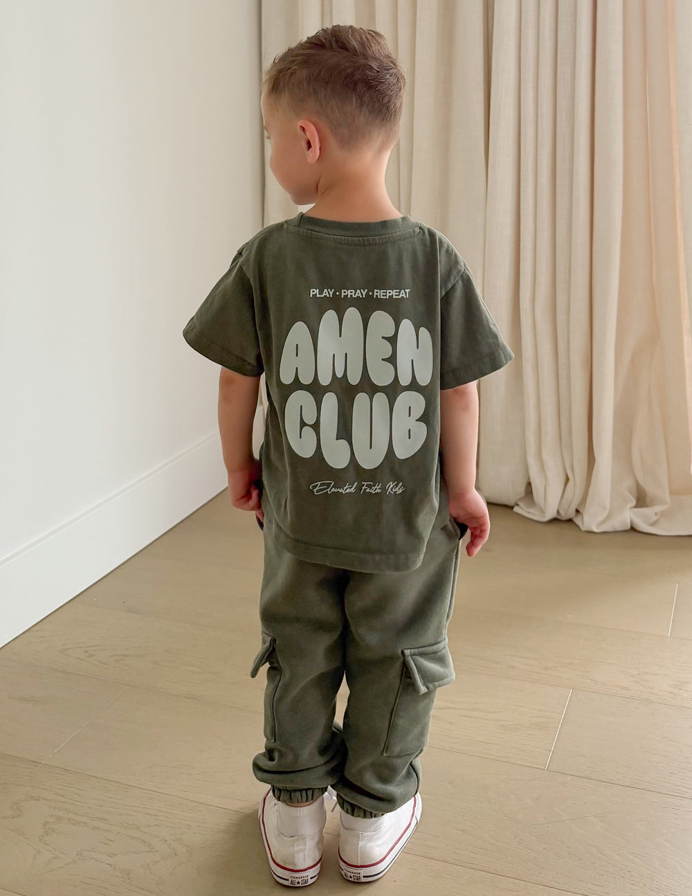 Amen Club Kids Graphic Tee in Olive Green and White