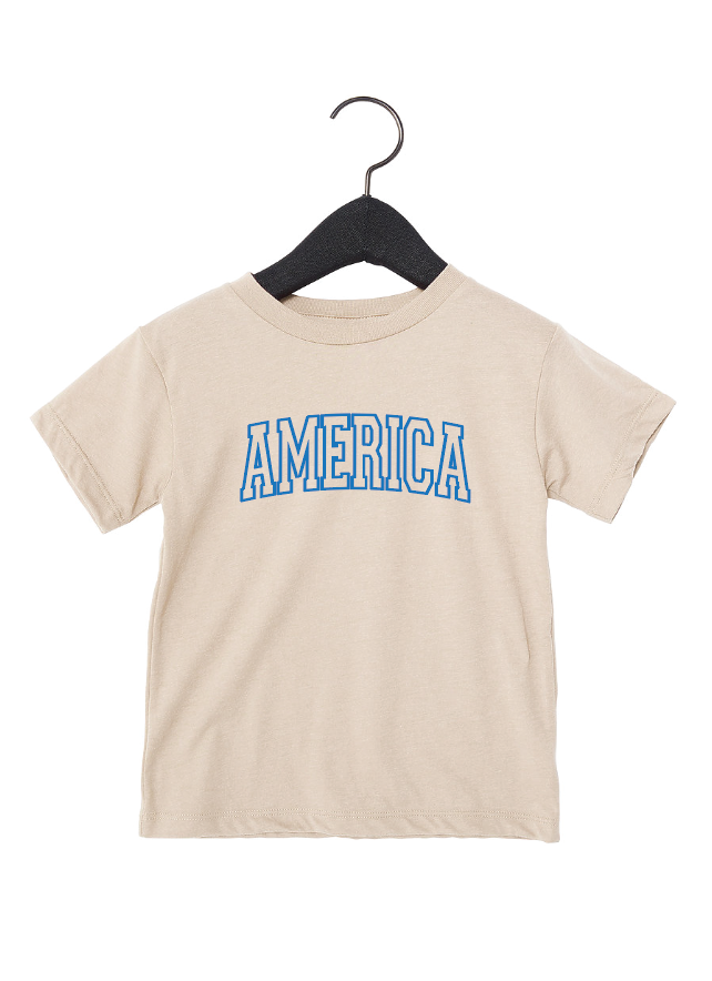 America Varsity graphic tee for kids in sporty beige cotton