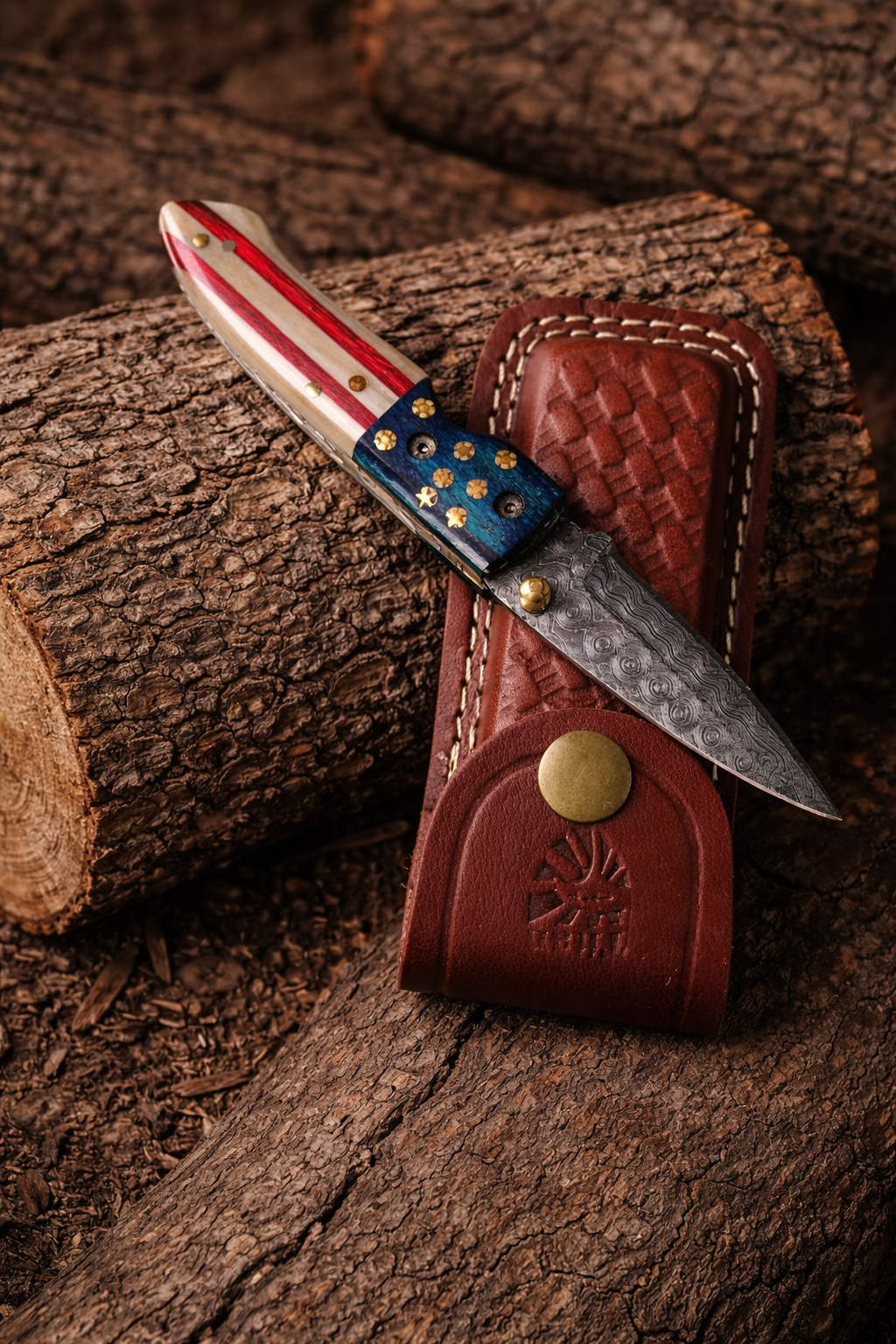 Damascus Steel Folding Knife with Patriotic Red White and Blue