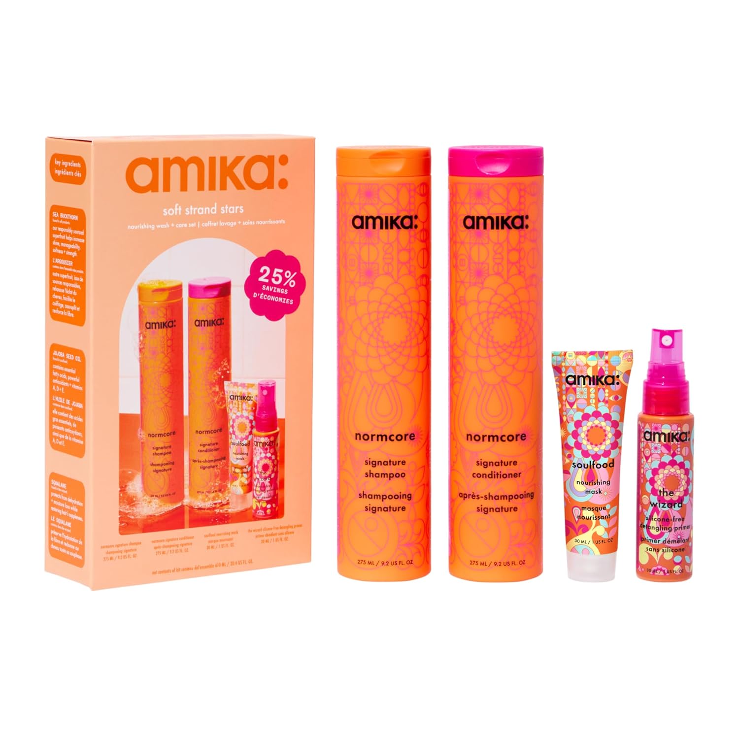 Amika Soft Strand Stars 4-piece nourishing hair care set in vibrant orange and pink packaging.