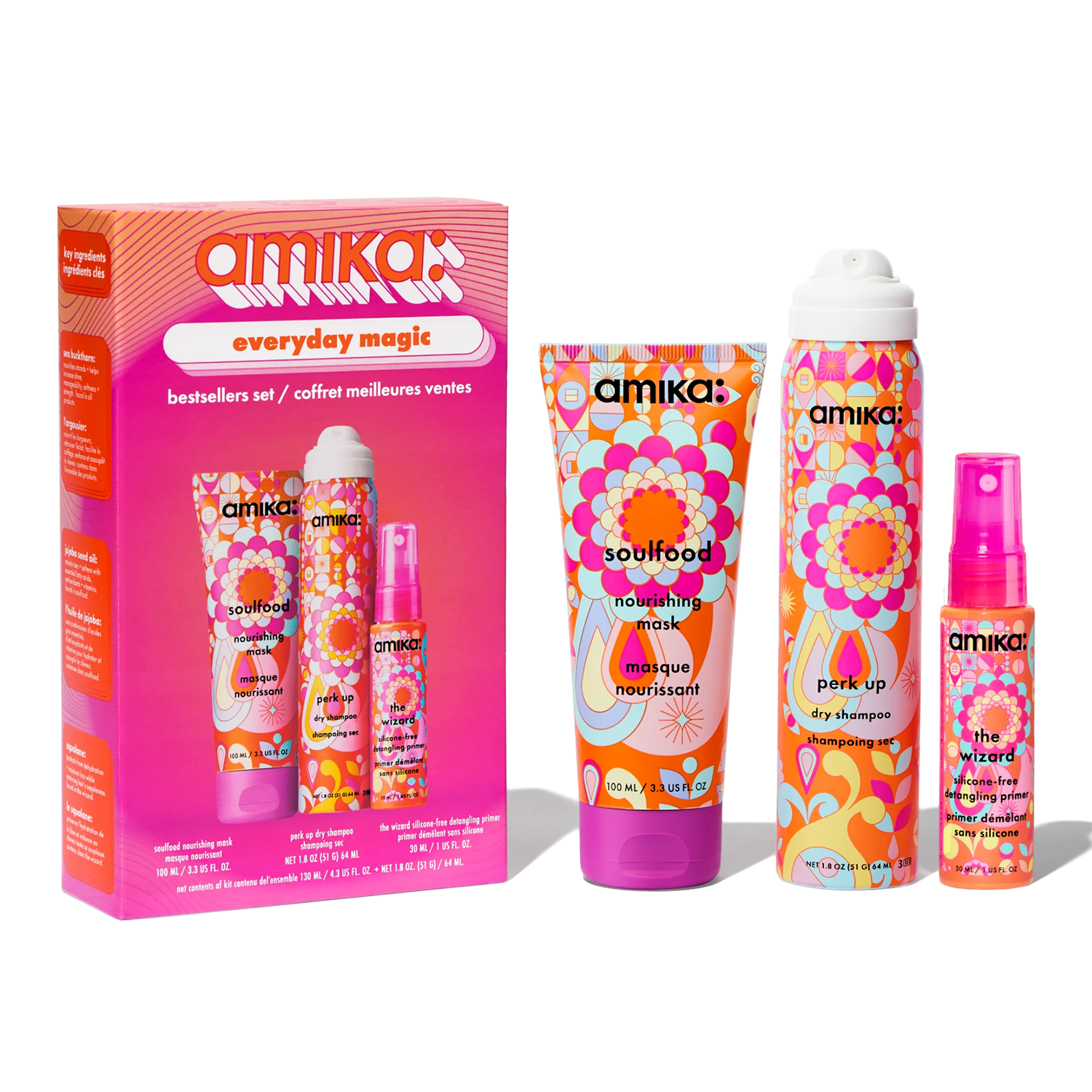 Amika Everyday Magic Bestsellers Set featuring mini hair care products including mask, dry shampoo, and detangling spray.