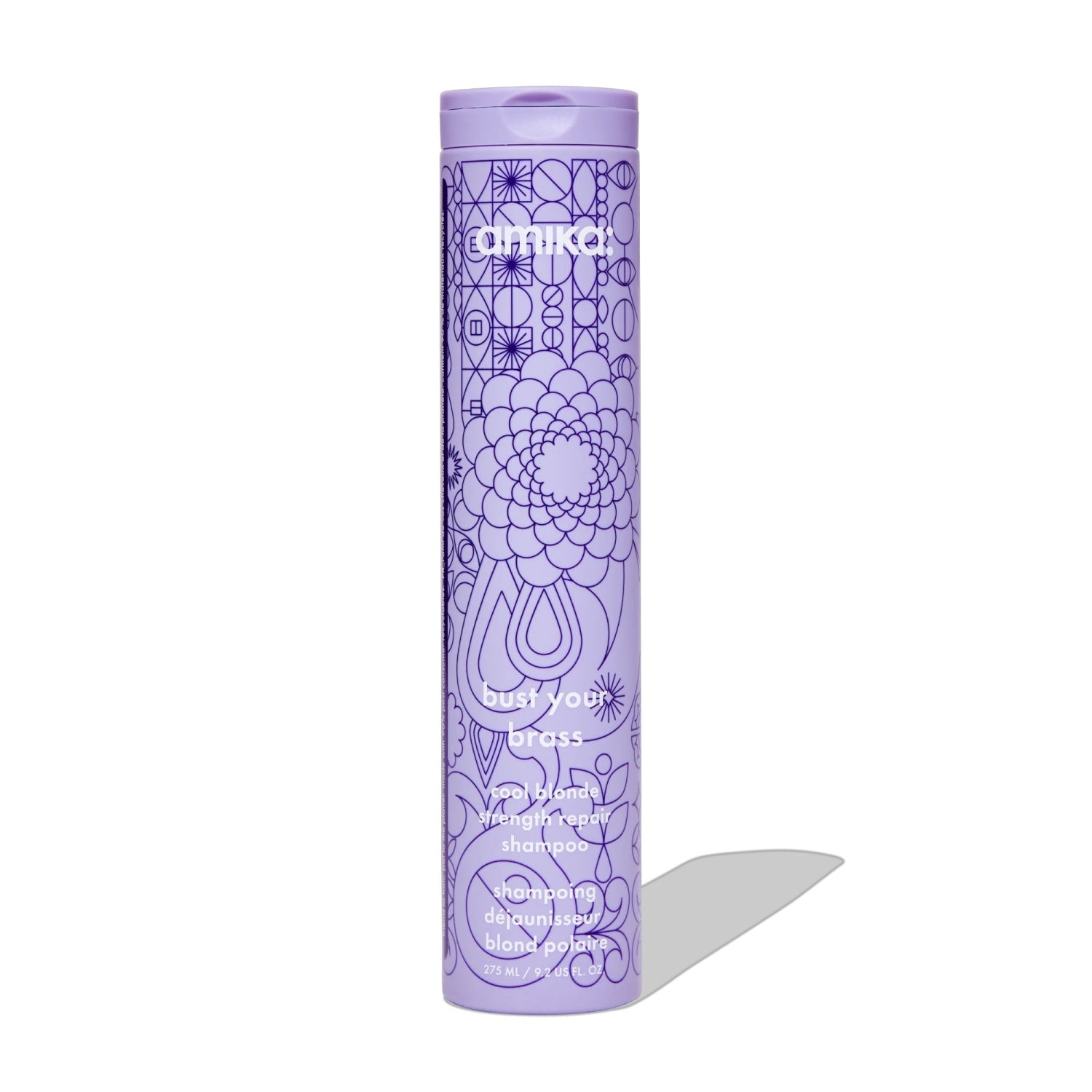 Amika Bust Your Brass Cool Blonde Repair Shampoo bottle for toning and repairing blonde hair