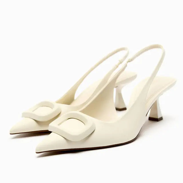 Women's Cream Pointed Toe Slingback Heels with Buckle Detail - Image 7